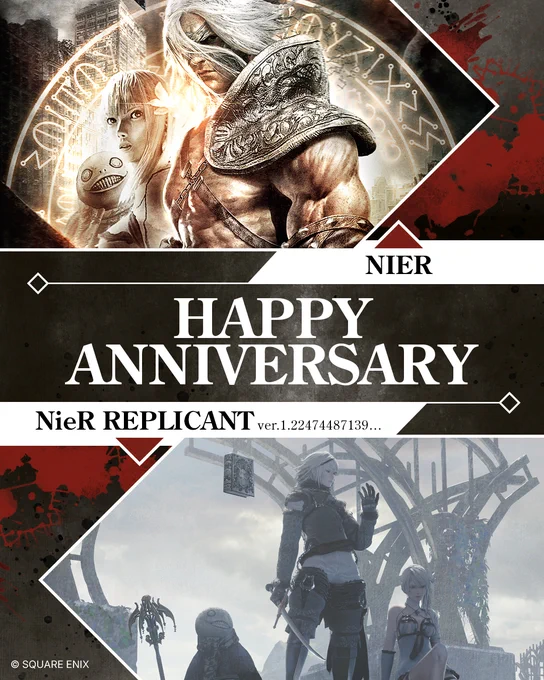 A graphic featuring the cover art for the original Nier game as well as Nier Replicant ver.1.22...

The text says "Happy anniversary."