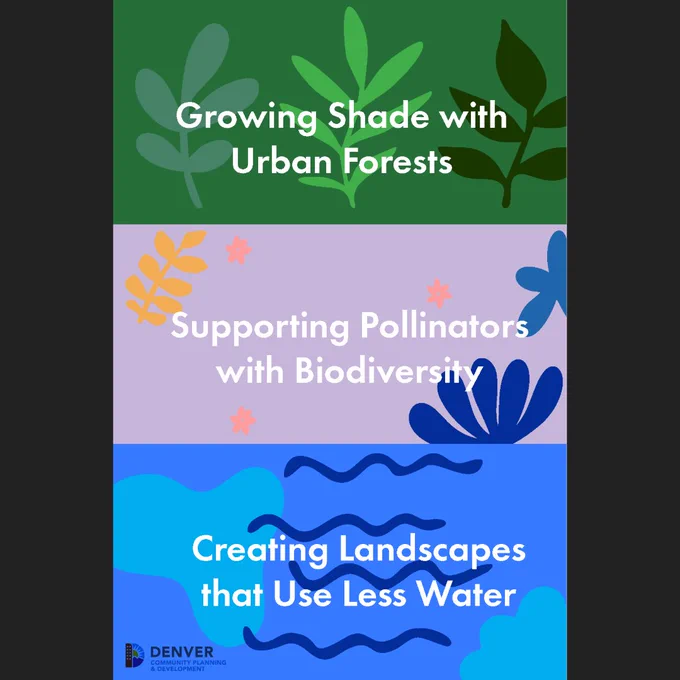 Graphic illustrating some of the project's goals: growing shade with urban forests, supporting pollinators with biodiversity, and creating landscapes that use less water. 