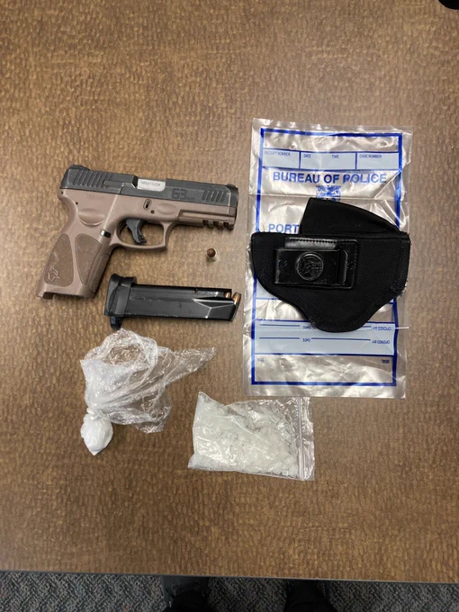 Pistol, magazine, holster, meth and fentanyl.