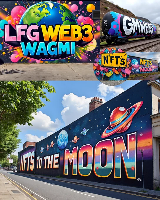 A collage of vibrant graffiti art related to Web3 and NFTs. Top left: A mural with "LFG WEB3 WAGMI" in bold letters, featuring a colorful Earth and abstract shapes. Top right: A train car painted with "GM WEB3" in bright pink and blue. Bottom left: A mural with "NFTS" surrounded by hearts and abstract designs. Bottom right: A large mural on a building with "NFTS TO THE MOON" in large letters, decorated with planets, stars, and a cosmic background. Arts from NFT collection SM X G. WAGMIAPETRAIN