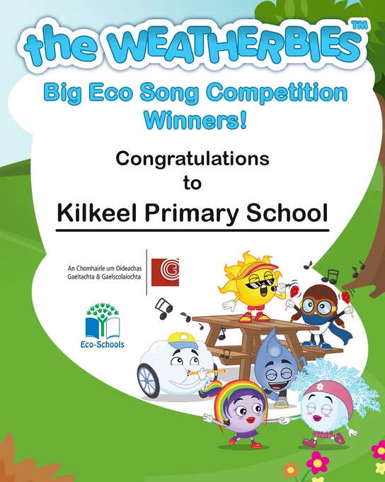 The Weatherbies Big Eco Song Competition Winners! Congratulations to Kilkeel Primary School. Logos for Eco-Schools and COGG are added alongside an image of the Weatherbies singing, dancing and playing music.