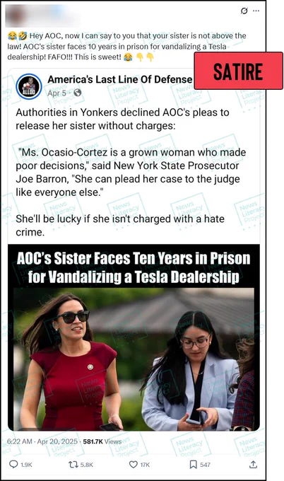 A social media post reads, “Hey AOC, now I can say to you that your sister is not above the law! AOC’s sister faces 10 years in prison for vandalizing a Tesla dealership! FAFO!!! This is sweet!” and features a screenshot of a social media post from the America’s Last Line of Defense Facebook page that includes a photograph of New York Democratic Rep. Alexandria Ocasio-Cortez with another woman and the text, “AOC’s Sister Faces Ten Years in Prison for Vandalizing a Tesla Dealership.” The News Literacy Project has added a label that says “SATIRE.”