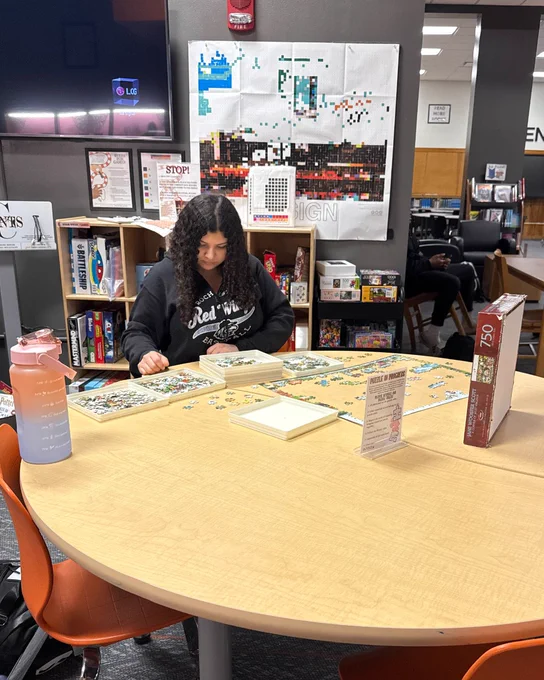 Student sits at library table while working on a puzzle.