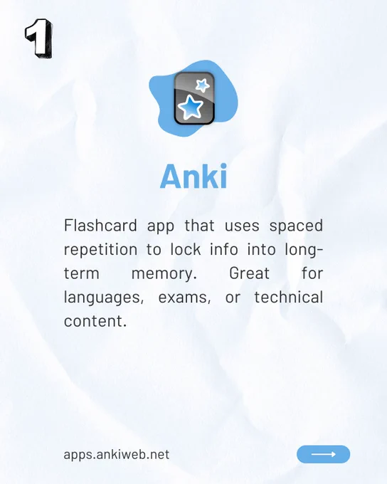 Slide 1.

Anki: Flashcard app that uses spaced repetition to lock info into long-term memory. Great for languages, exams, or technical content.