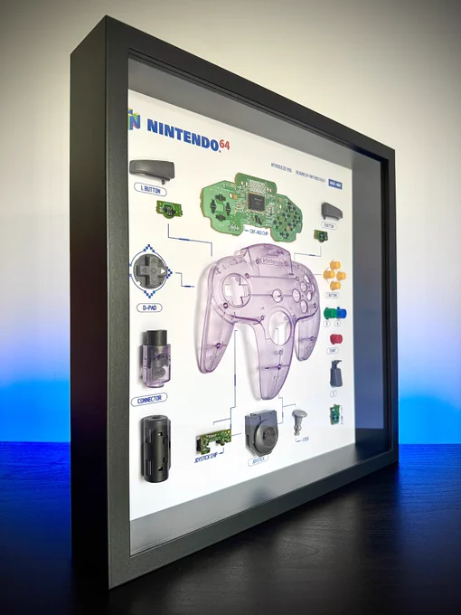 An atomic purple N64 controller torn down in a black frame with a blue hue background.