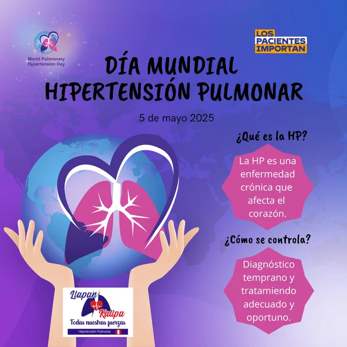 📣 5 de mayo: Día Mundial de la Hipertensión Pulmonar  🫁

La hipertensión pulmonar (HP) es una afección médica que se produce cuando se eleva desmesuradamente la presión de las arterias que llevan la sangre del corazón a los pulmones. La consecuencia es que el corazón tiene que soportar una sobrecarga de trabajo tal que termina claudicando.

Si sufres de está enfermedad rara, puedes comunicarte con Llapan kallpa para mayor informaicón y soporte.

 #NoSomosInvisibles #LosPacientesImportan  🫶