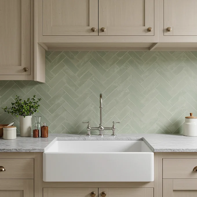 This rendering for a customer project features our Mission 2"x8" Sage Cement Tile arranged in a herringbone pattern for the kitchen backsplash. 
