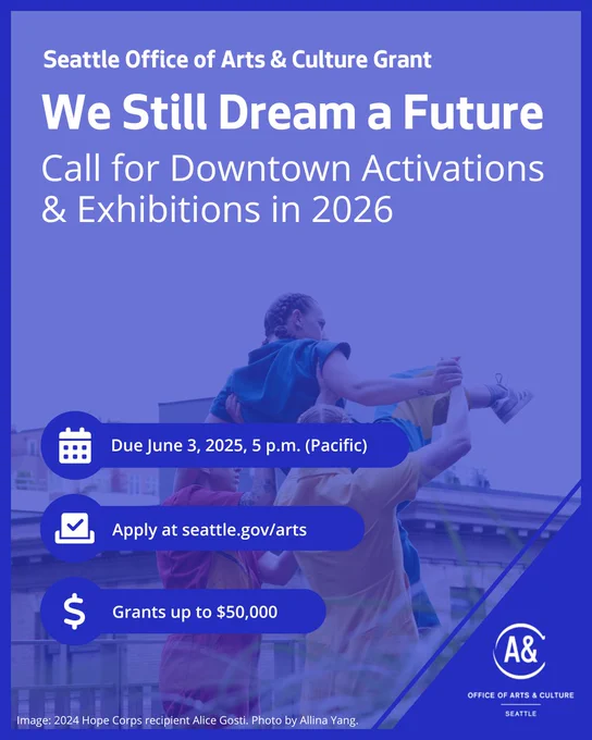 Two dancers in brightly colored jumpsuits hold a third up to the sky. Overlaid text: We Still Dream a future. Call for Downtown Activations & Exhibitions in 2026.