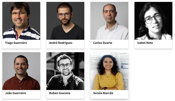 Headshots of Tiago Guerreiro, André Rodrigues, Carlos duarte, Isabel Neto, João Guerreiro, Ruben Gouveia, and Soraia Alarcão