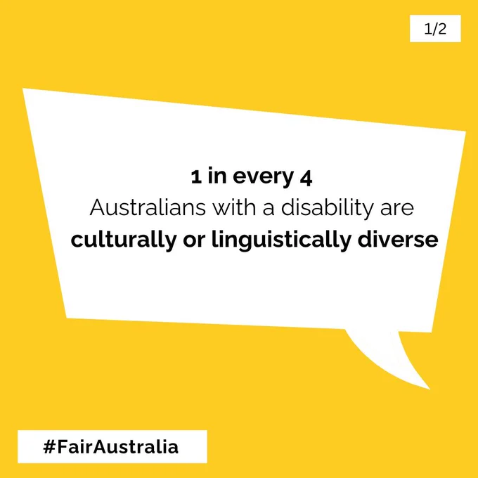A speech bubble on a yellow background contains text that reads: “1 in every 4 Australians with a disability are culturally or linguistically diverse.” The bottom left corner has a hashtag "#FairAustralia”