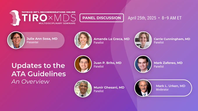 Este viernes en #TIROxMDs discutiremos las próximas guías de la American Thyroid Association (ATA).

Una sesión clave para: endocrinólogos, cirujanos, especialistas en medicina nuclear, patólogos y oncólogos.

¿Qué cambia? ¿Qué permanece? ¿Cómo impactará nuestra práctica clínica?

Acompáñanos y sé parte de la conversación.

Presentación a cargo de:
🔹 Dra. Julie Ann Sosa
@Jasosamd

Con comentarios de expertos:
🔹 Dra. Amanda La Greca
@amandalagreca
🔹 Dr. JP Brito
@doctorjuanpa
🔹 Dr. Munir Ghesani
@munirghesani
🔹 Dra. Carrie Cunningham
🔹 Dr. Mark Zafareo
@MarkZafareoMD

Moderador:
🔹 Dr. Mark Urken
@Markurken

📅 Fecha: 25 de abril de 2025
🕗 Hora: 8:00 AM EST

🔗 Únete aquí:
https://us06web.zoom.us/j/87114636121?pwd=dlh3Um9BZFhRUSsxc2swNmRyOVA5QT09

#Endocrinología #Tiroides #CuidadoTiroideo #NódulosTiroideos #CáncerDeTiroides #GuíasATA
@AmThyroidAssn