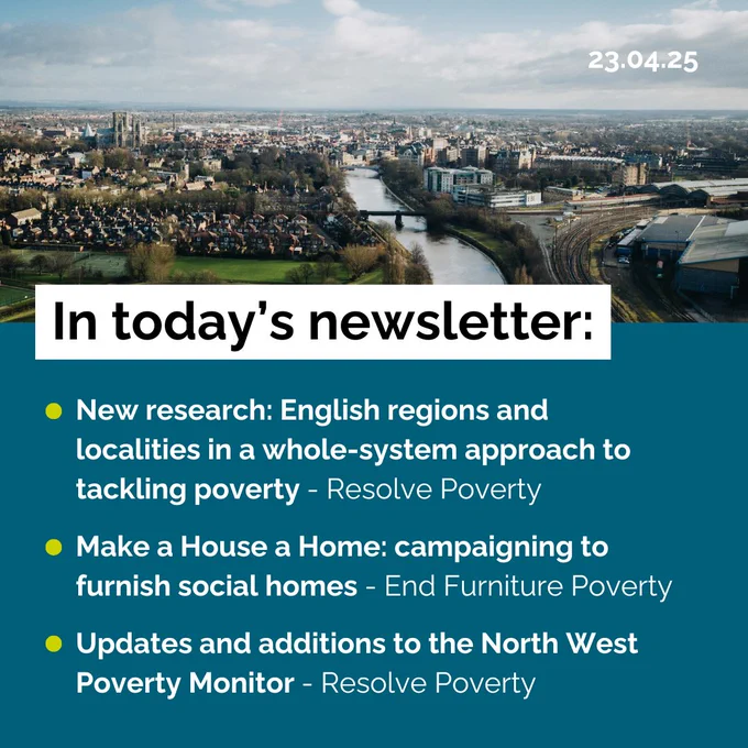 Overview of newsletter content. 'In today's newsletter:' is the heading in black text in a white box. Bullet-pointed below in white text on a blue background are the three main articles: 'New research: English regions and localities in a whole-system approach to tackling poverty' by Resolve Poverty; 'Make a House a Home: campaigning to furnish social homes' by End Furniture Poverty'; and 'Updates and additions to the North West Poverty Monitor' by Resolve Poverty. In the background at the top there is a cityscape image of York.