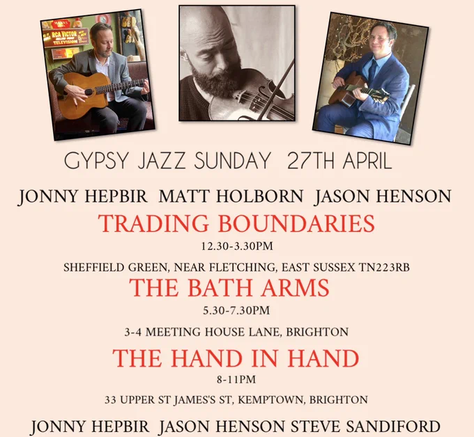 Bumper #gypsyjazz Sunday in #eastsussex this Sunday 27th April. Two with super violinist Matt Holborn, starting at the excellent @tradingbo in #sheffieldgreen from 12.30! Ending on a classic @HandBrewCo finisher in #kemptown #Brighton from 8pm #swingjazz #violin #djangoreinhardt | book the Jonny Hepbir Trio for all public and private events in Sussex, Kent, London and beyond