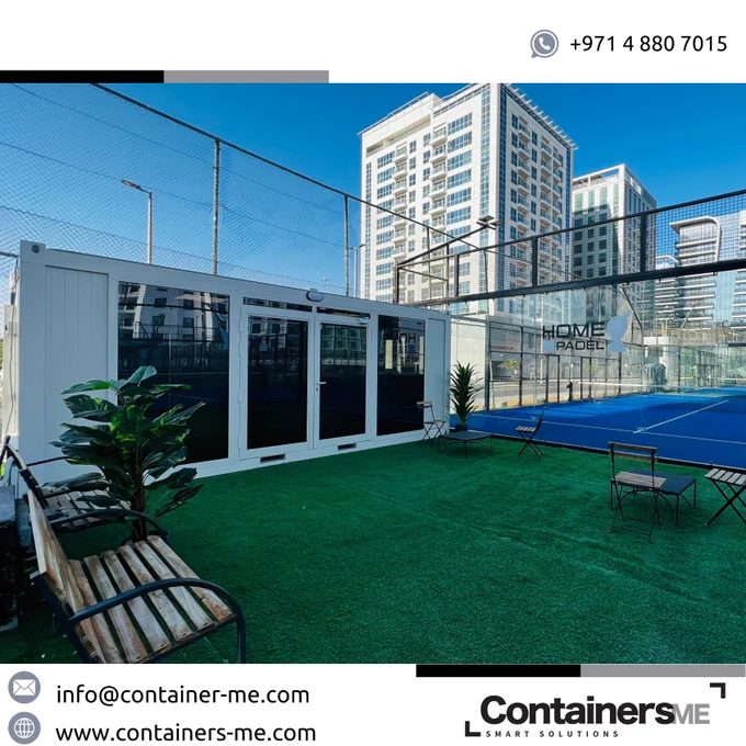 waiting room made using modular prefab container near a tenis court
