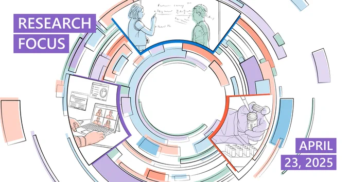 The image features a circular, abstract design with three sections containing illustrations. The top section shows two people discussing equations on a whiteboard. The left section depicts a person working on a laptop with charts and graphs on the screen. The right section displays a hand holding a vial and pipette over test tubes. Text in purple boxes reads "RESEARCH FOCUS" and "APRIL 23, 2025."