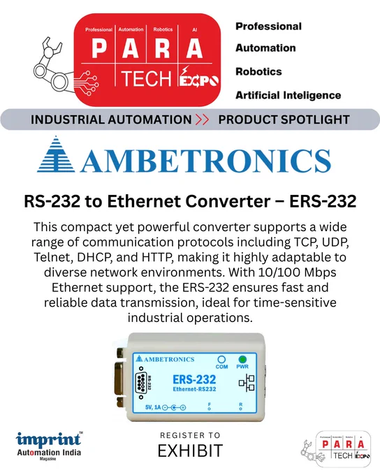 mbetronics- Online IoT Data Converters for Data Transmission.
RS-232 to Ethernet Converter – ERS-232

In the age of digital transformation, industrial environments are increasingly adopting Ethernet-based communication systems. However, a significant number of operations still rely on legacy RS-232 serial devices. The Ambetronics ERS-232 RS-232 to Ethernet Converter provides a seamless and cost-effective bridge between the old and the new, enabling industries to modernize without discarding existing infrastructure.

This compact yet powerful converter supports a wide range of communication protocols including TCP, UDP, Telnet, DHCP, and HTTP, making it highly adaptable to diverse network environments. With 10/100 Mbps Ethernet support, the ERS-232 ensures fast and reliable data transmission, ideal for time-sensitive industrial operations.

📞 Want to know more? Visit https://ambetronics.com/online-data-converter
📌 Powered by PARA Tech Expo!