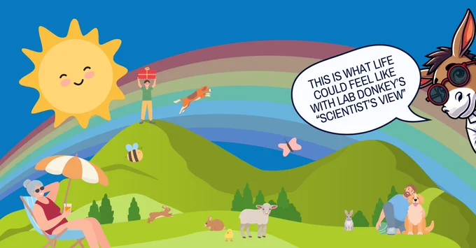 A Utopian world full of happy people and animals, showing you what life could feel like with Lab Donkey's "Scientist's View"