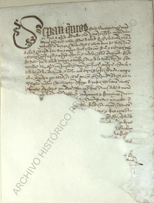 Texto manuscrito. La letra inicial es una "S" adornada. Falta aproximadamente un tercio en la zona inferior izquierda de la imagen.