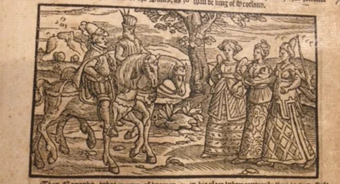 Woodcut of two men on horseback wearing doublet and hose, feathered hats and three women in full length decorated dresses and elaborate headwear. 