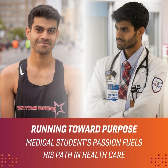 A graphic featuring two split images in the top portion. The image on the left features a medical student in running gear, while the right image shows the same medical student in a white coat. There is an ombre effect between the two images. Below those images features text with ombre orange and maroon background with text that reads "Running toward purpose: Medical student's passion fuels his path in health care."