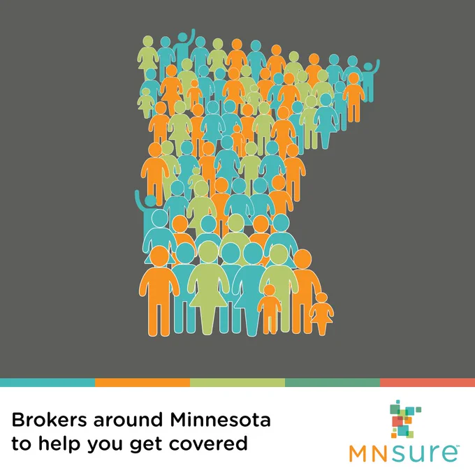 Multi-colored stick figures forming the state of Minnesota. Banner informs viewers that brokers around Minnesota to help you get covered.