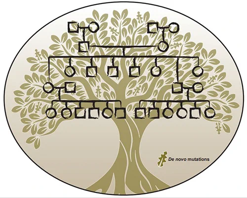 A family tree, with males designated with squares and females with circles.  The concept of newly arising mutations is illustrated with leaves of a different appearance.  Image courtesy of David Porubsky and modified from Adobe Stock. 