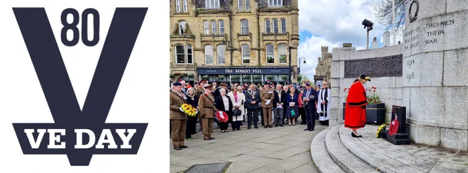 VE Day logo and a picture of the Mayor laying a wreathe