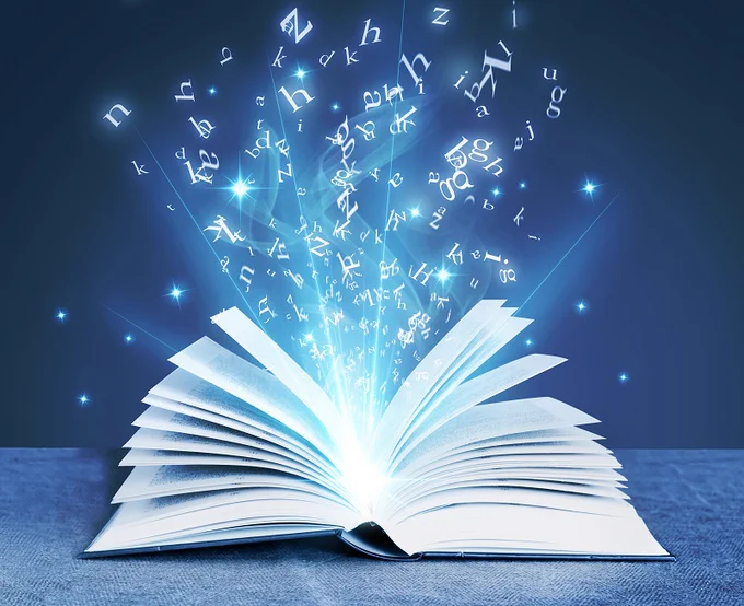 Adobe stock image, open book with letters flying out of it