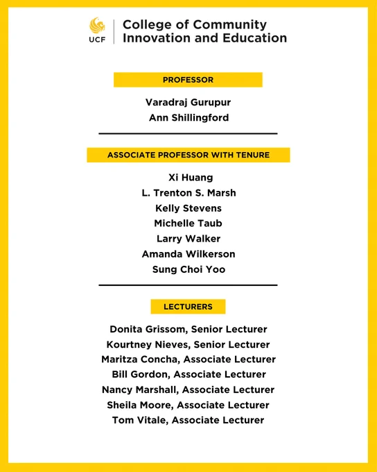UCF promotion and tenure list in order from the top to the bottom: Professor Varadraj Gurupur and Ann Shillingford. Associate professor with Tenure Xi Huang, L. Trenton S. Marsh, Kelly Stevens, Michelle Taub, Larry Walker, Amanda Wilkerson and Sung Choi Yoo. Senior Lecturers Donita Grissom and Kourtney Nieves. Associate Lecturers Maritza Concha, Bill Gordon, Nancy Marshall, Sheila Moore and Tom Vitale.
