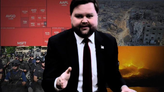 An edited cutout of JD Vance, referencing the "have you said thank you once" meme, in the foreground. the background features a 2 x 2 grid of stock prices, devastation in Gaza, militarised police, and wildfires.