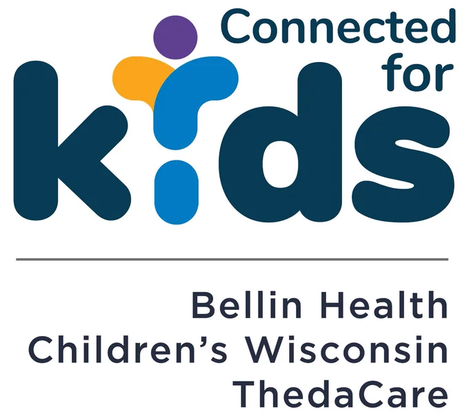 Logo for "Connected for Kids" featuring the text alongside colorful abstract figures. Below, it lists "Bellin Health," "Children's Wisconsin," and "ThedaCare."