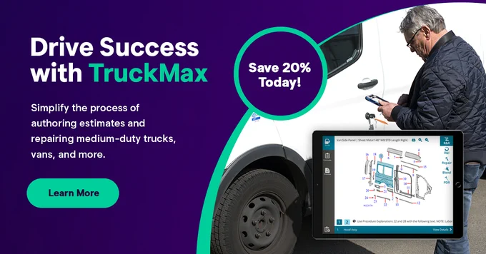 Promotional image for TruckMax featuring a person using a digital device next to a white van, with a text overlay advertising a 20% savings and a call to action to learn more about services for medium-duty trucks, vans, and more.