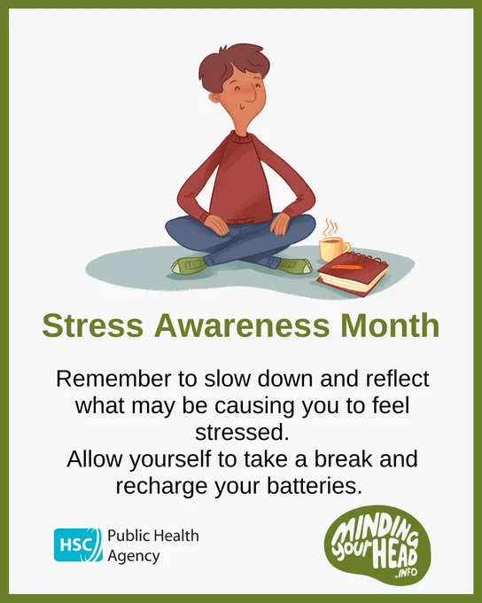 A green graphic with an illustration of a person sitting cross-legged meditating. 
Text reads: “Remember to slow down and reflect what may be causing you to feel stressed. Allow yourself to take a break and recharge your batteries.”
The Minding Your Head website logo and Public Health Agency logo are in the corner.
