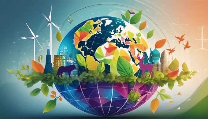 a vibrant, colorful illustration of the Earth with various elements representing nature and sustainability. The globe is depicted with geometric patterns in bright colors. Surrounding the globe are green leaves, wind turbines, buildings, animals like a bear and a deer, and birds flying in the sky. The background transitions from blue on the left to orange on the right, symbolizing different times of day or environmental conditions.
