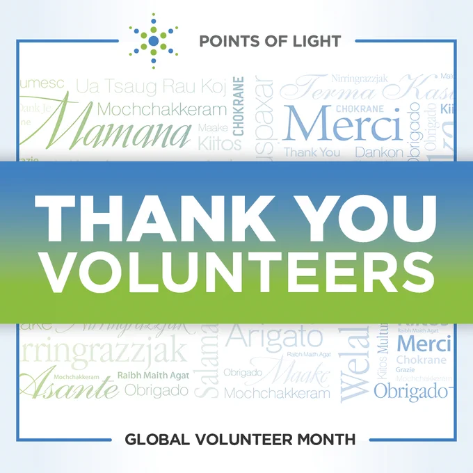 Graphic for Global Volunteer Month by Points of Light, featuring 'Thank You Volunteers' in bold letters, surrounded by 'thank you' in various languages.