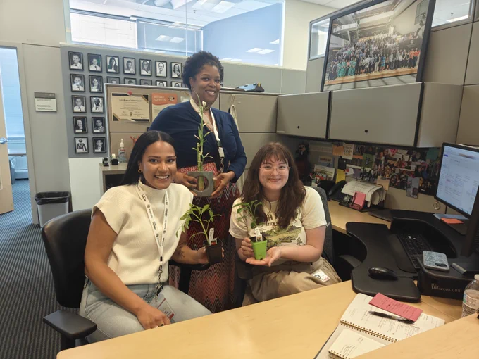 Photo of 2 sitting women and one standing, behind a desk, in an office. They are all holding plants