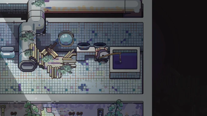 Pixel art of fishing inside of a bathroom