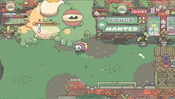 Pixel art of giant frog and signs