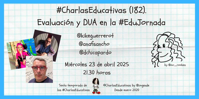 Cartel de la charla con sus fotos de perfil y título.