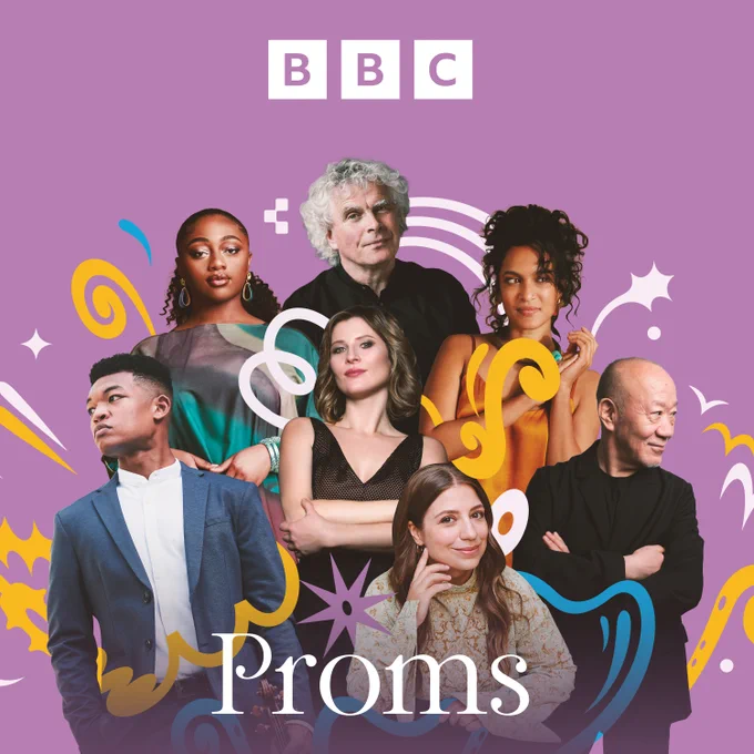 BBC Proms-branded composite image. Colourful instrument inspired shapes interact with some of this season‘s artists on a purple background. From left to right: Randall Goosby, Samara Joy, Simon Rattle, Lisa Batiashvili, Dalia Stasevska, Anoushka Shankar and Joe Hisaishi.