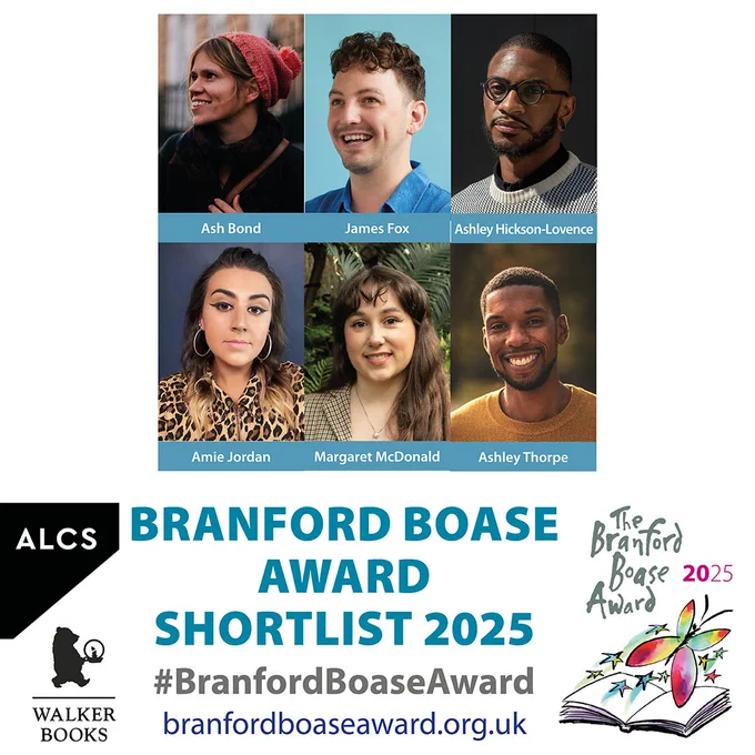 Card with photos of the six authors on the shortlist for the 2025 Branford Boase Award: Ash Bond; James Fox; Ashley Hickson-Lovence; Amie Jordan; Margaret McDonald; Ashley Thorpe