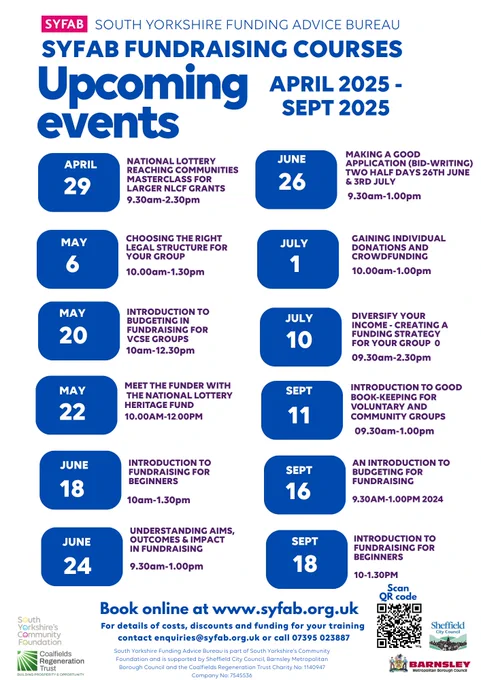 Training Calendar from South Yorkshire Funding Advice Bureau courses from April to September 2025
