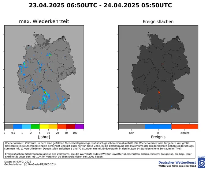 An den Post ist eine Abbildung mit zwei Deutschlandkarten angehangen. Die linke Karte zeigt die Wiederkehrzeiten, wobei die höchsten mit über 100 Jahren in Niedersachsen, Sachsen-Anhalt und Bayern aufgetreten sind. Die rechte Karte zeigt die Regionen im Westen von Sachsen-Anhalt, Bayern und Baden-Württemberg, in der die Warnstufe drei des DWDs für Starkregen überschritten wurde. Warnschwelle 3 bedeutet, es fallen in einer Stunde 25 bis 40 mm, bzw. in 6 Stunden fallen 35 bis 60 mm Niederschlag.