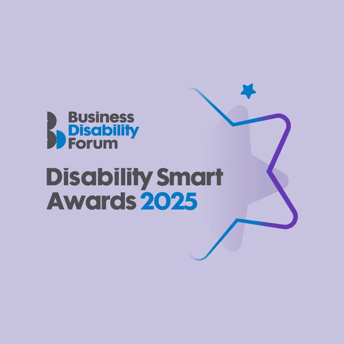 "Disability Smart Awards 2025" Business Disability Forum logo. Next to the text there is an outline of half of a star.