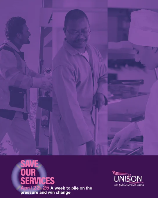 Duotone photo of refuse worker, cleaner and school catering worker. Save our services. April 22-25 a week to pile on the pressure and win change.