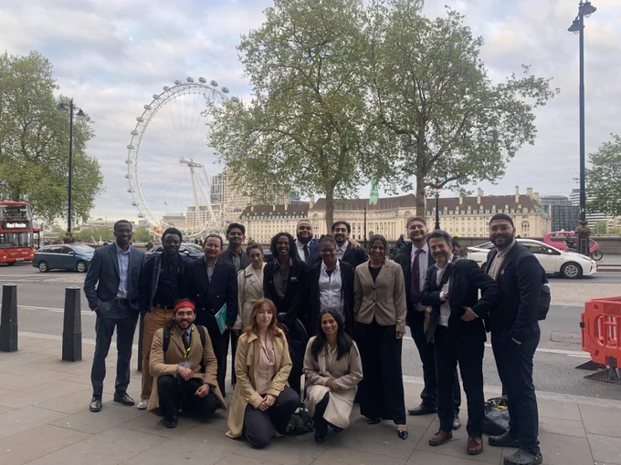 A group of 16 student leaders stood in front of the London eye, outside of Portcullis House, where they had just spent two hours hearing and investigating expert's ideas for the future of maintenance funding
 