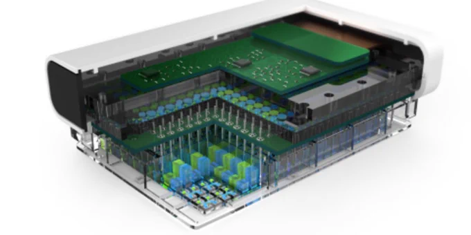 A cutaway image of Draper's PREDICT96 microphysiological systems (MPS) platform. 