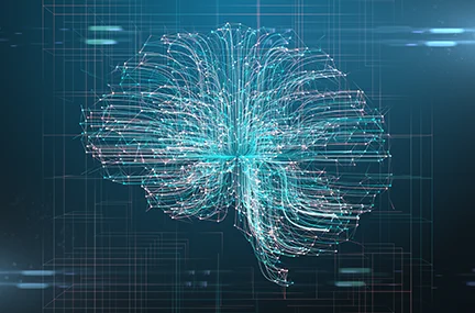 Adobe Stock illustration of a brain shape made up of teal and pink filaments on an abstract background