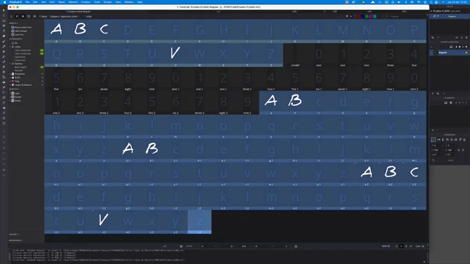 La pantalla del Fontlab donde estoy practicando el taller del sábado.
Se puede ver como voy avanzando con una tipografía que ya hice previamente en Glyphs para un encargo.