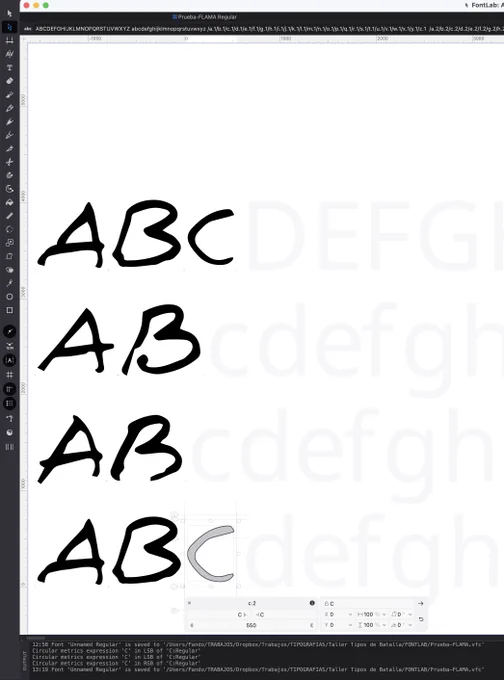 Una muestra de las letras que ya he incorporado a Fontlab.